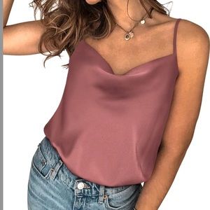 Saslax Satin Drape Cowl Neck Spaghetti Strap Cami One Piece Tank